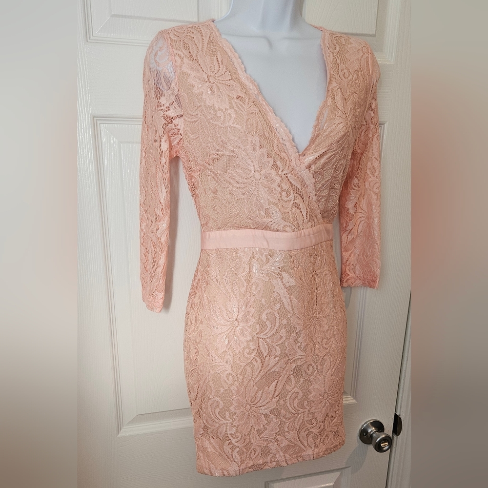 NWOT Blush Pink Lace Open Lower Back Dress Size Small Long Sleeved V Neck